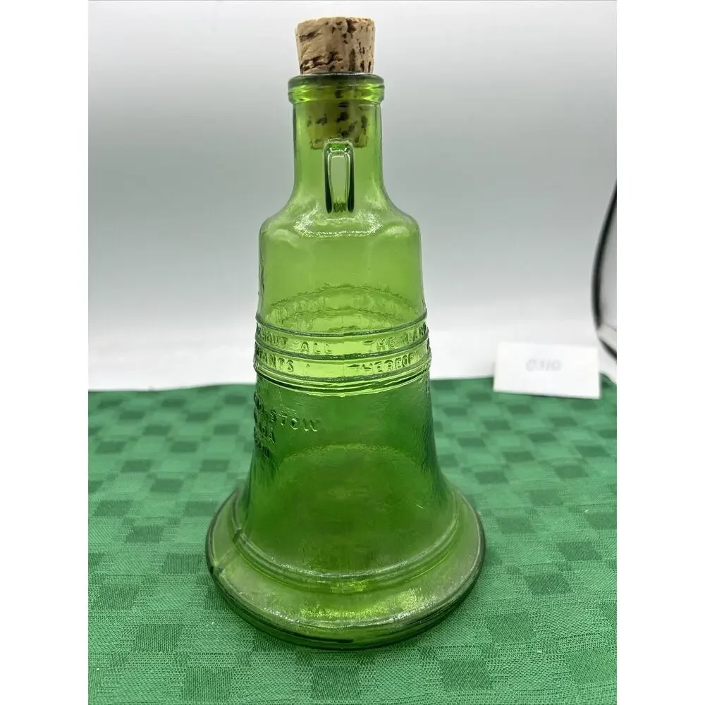 Vintage Wheaton 1970 Green Glass Liberty Bell Decanter With Cork